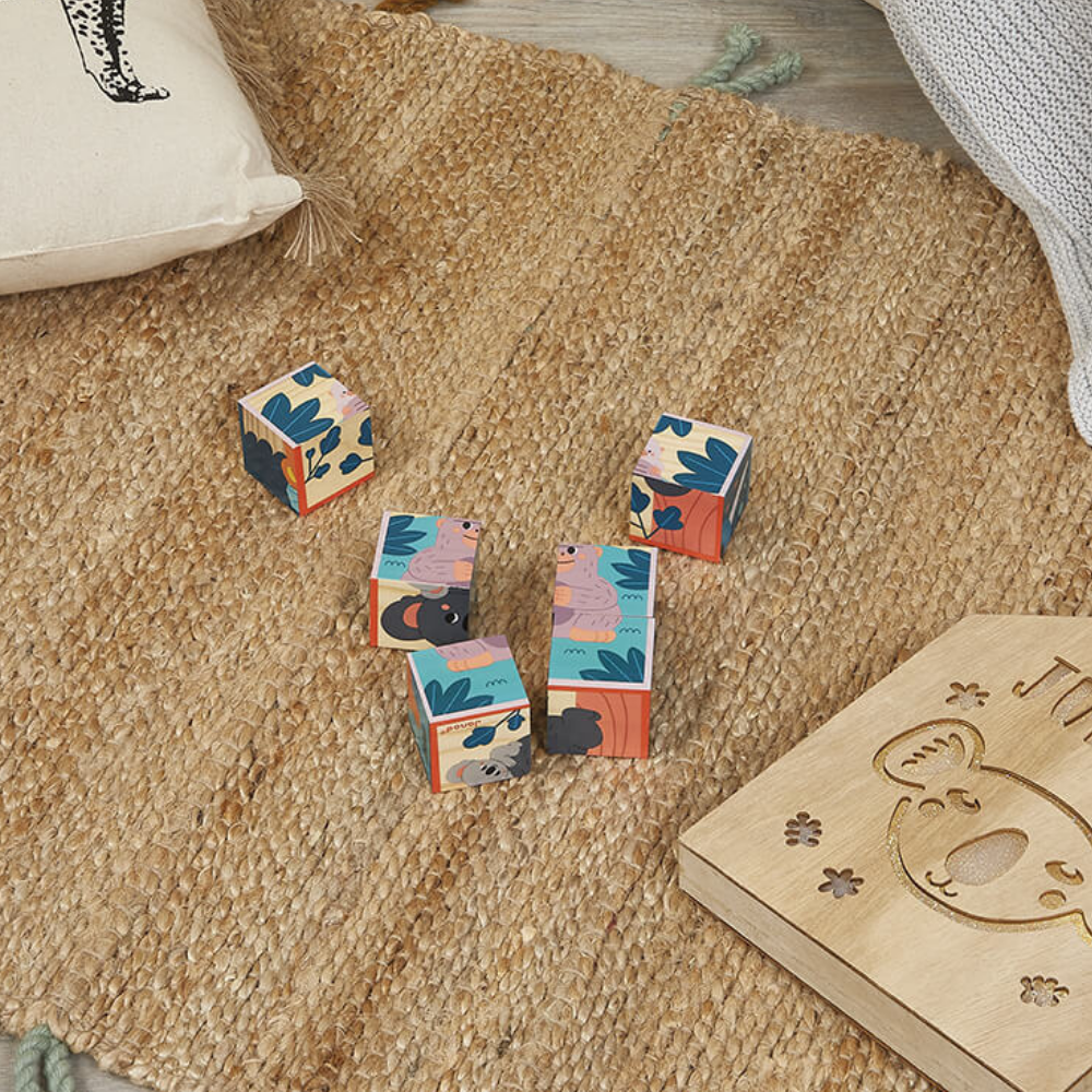 6 cubes en bois animaux