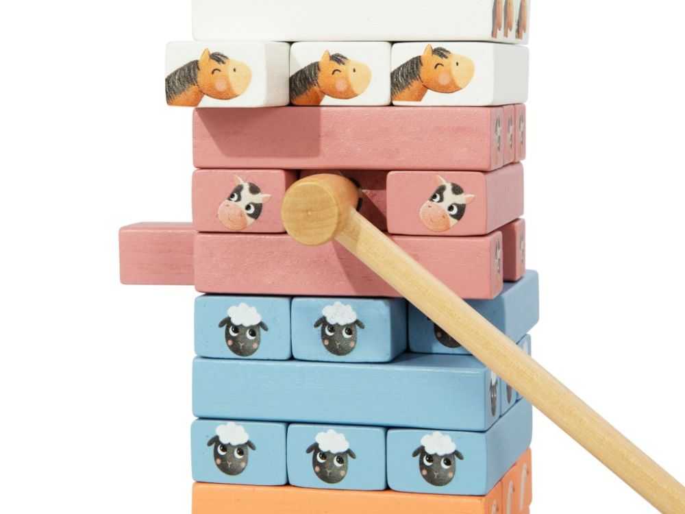 Tour en bois jenga avec animaux de la ferme