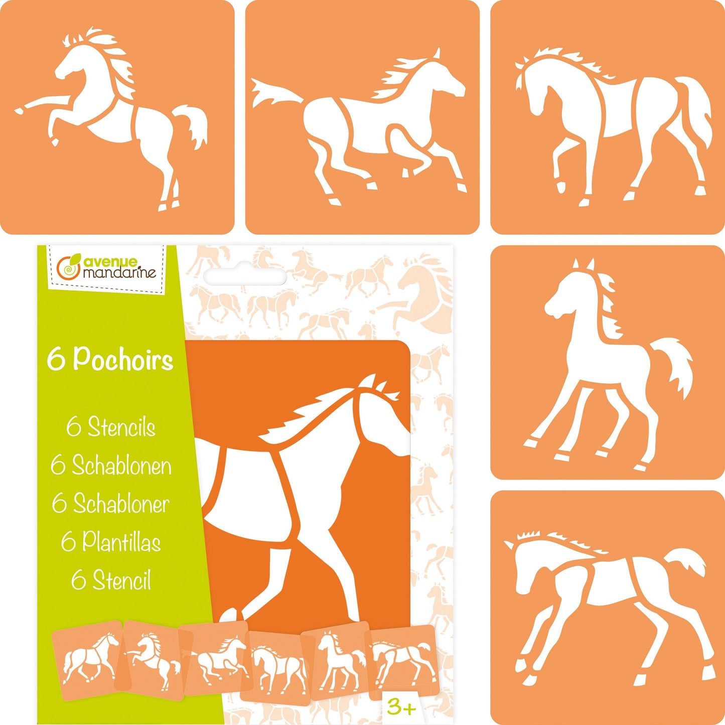Set de 6 pochoirs enfants, Chevaux