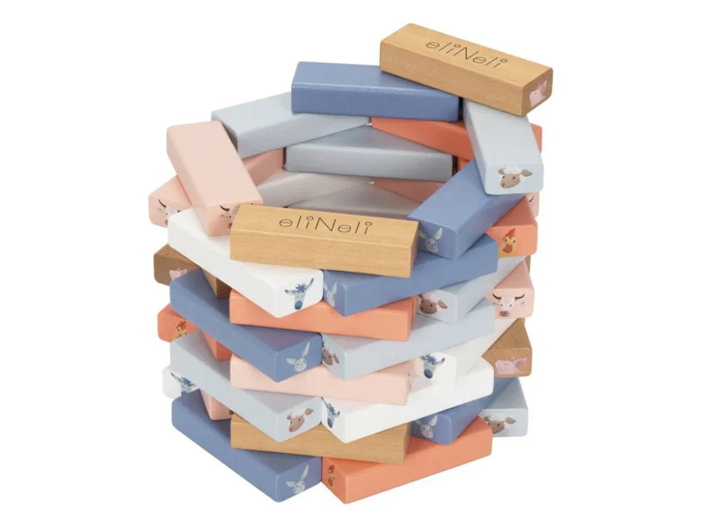 Tour en bois jenga avec animaux de la ferme