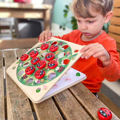 Jeu de mémoire avec coccinelles en bois et 14 modèles de jeu