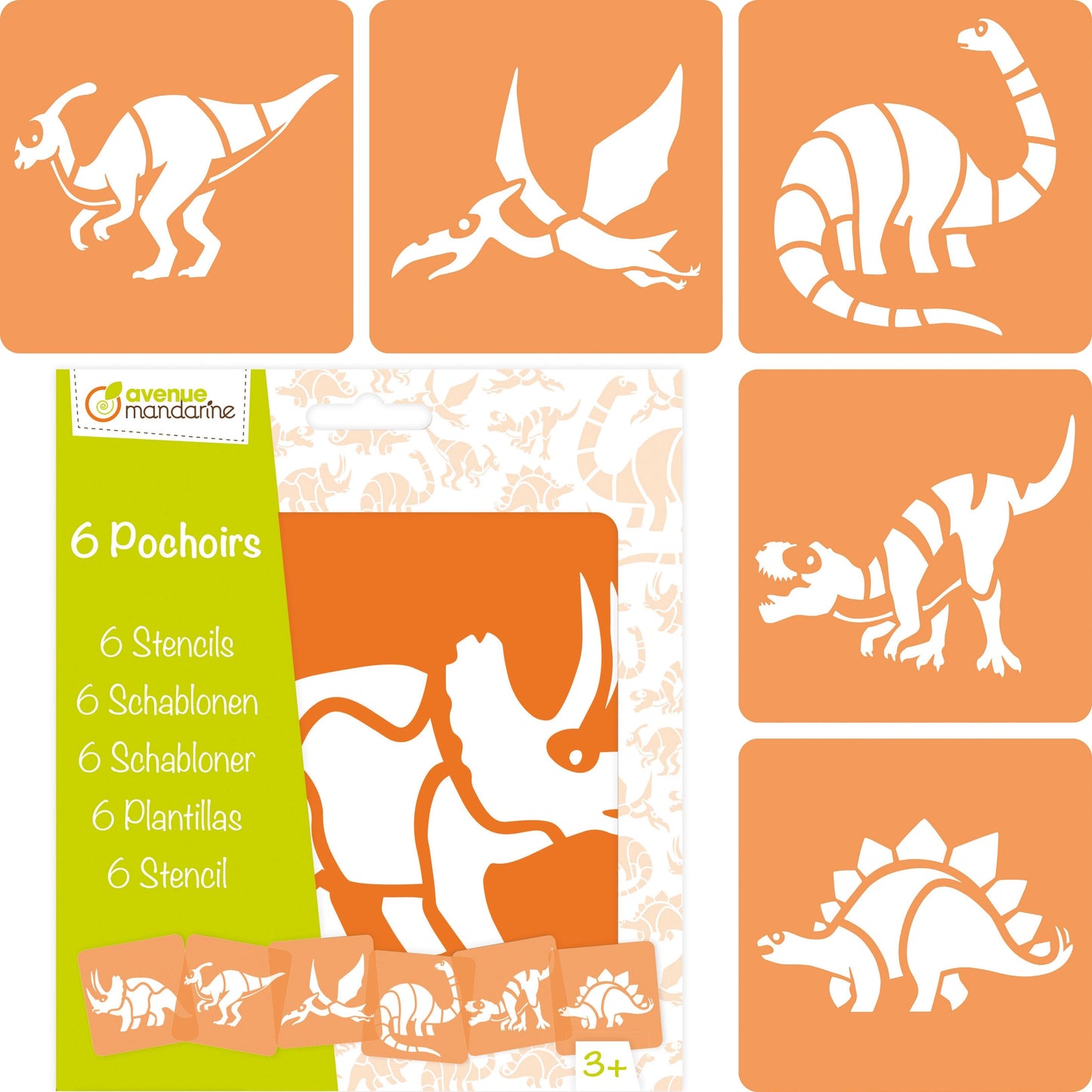 Set de 6 pochoirs enfants, Dinosaures