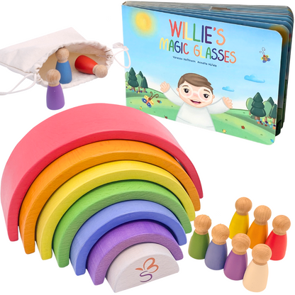 Jeu en bois arc-en-ciel et le livre en anglais "Willies Magic Glasses".
