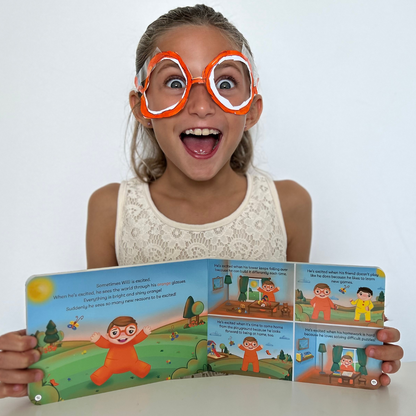 Jeu en bois arc-en-ciel et le livre en anglais "Willies Magic Glasses".