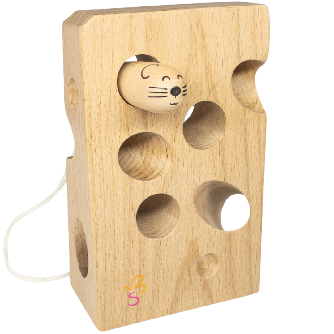 Jeu d'enfilage en bois avec fromage et souris - Montessori