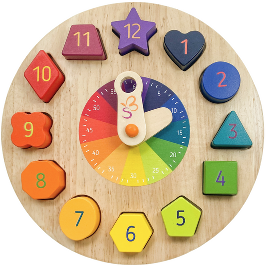 Horloge aux couleurs de l'arc-en-ciel pour un apprentissage ludique de l'heure en bois