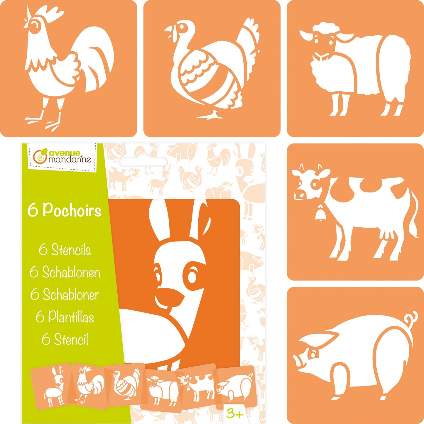 Set de 6 pochoirs enfants, Animaux de la ferme